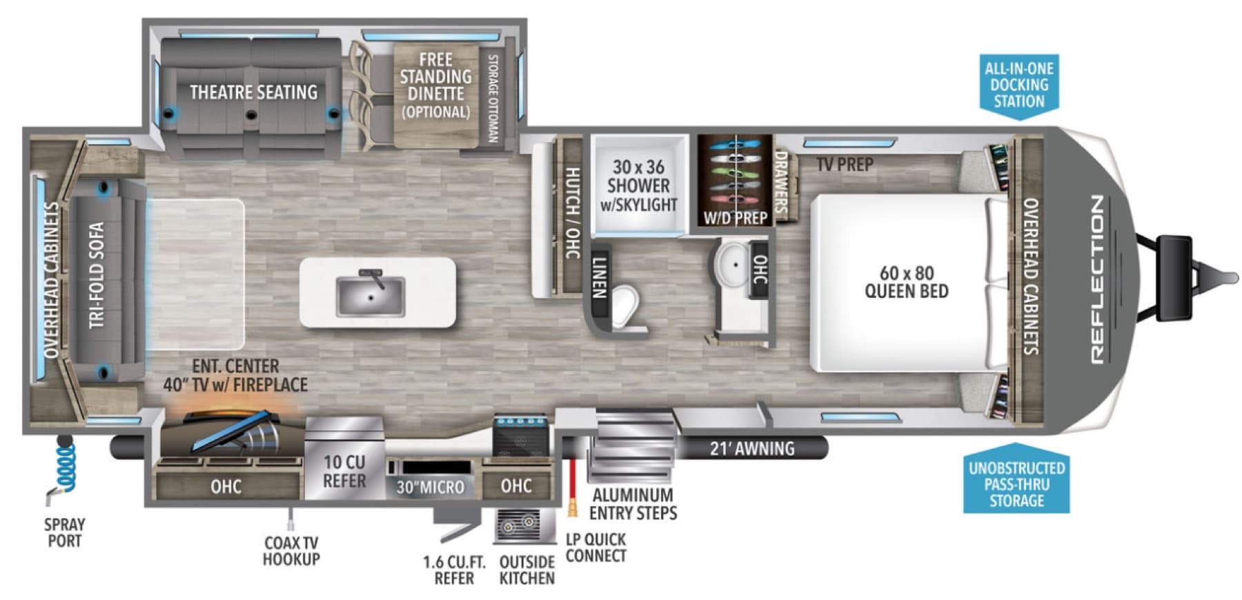 Floor plan of the 297RSTS — front queen, mid bath, rear living